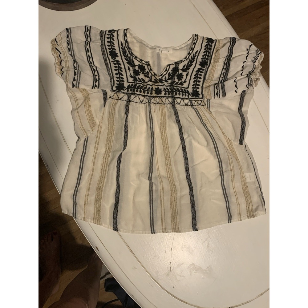 THML Embroidered Striped V Neck Short Sleeve Blouse Top XS Ivory Black Gold